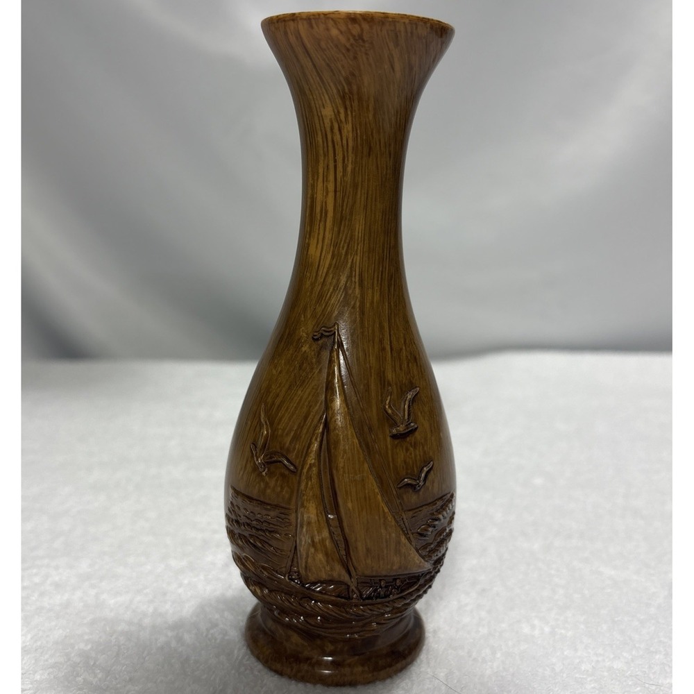 Vintage Faux Wood Resin Sailboat Vase Nautical Relief Model 353
